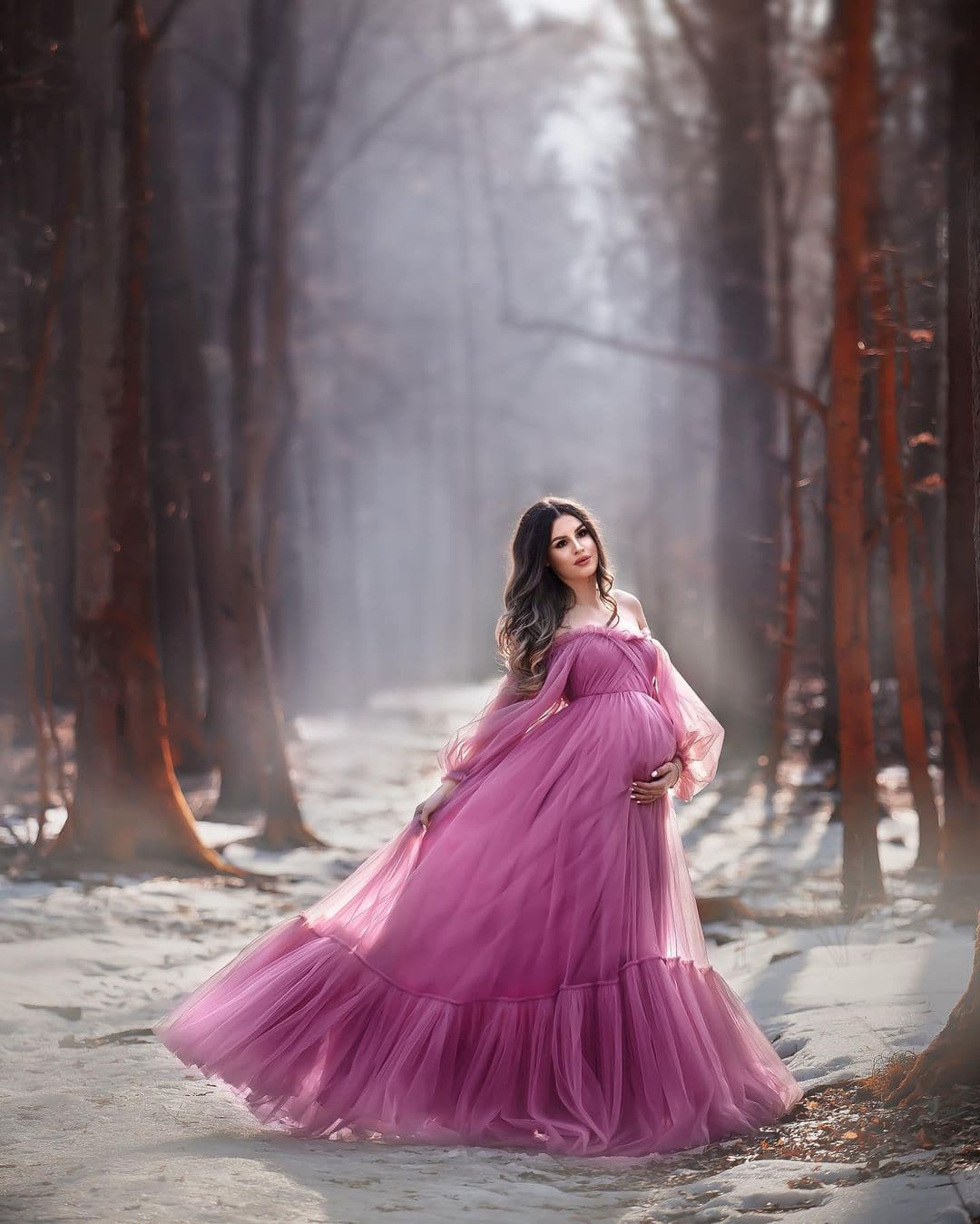 Puffy Sleeve Maternity Dress Tulle Robe SY040