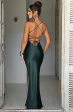 Satin Maxi Dress Cross Over Straps with A Self Tie Fastening SYP178