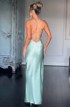 Satin Maxi Dress Cross Over Straps with A Self Tie Fastening SYP178