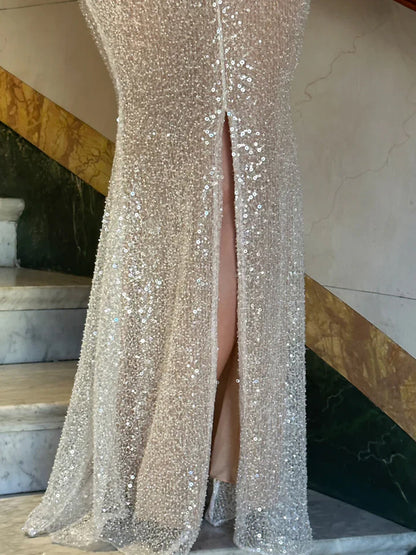 McKoye| Simple Pink Mermaid Straps Sequin Prom Dresses With Split