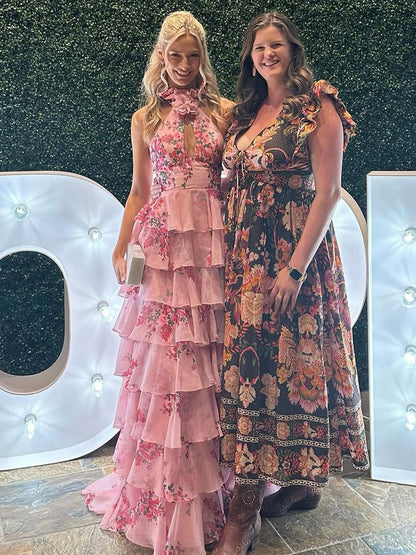 Melinda | Pink A Line Hatler Floral Chiffon Tiered Long Prom Dress