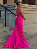 Melo | Vestido de fiesta de sirena plisado rosa intenso con tirantes y abertura