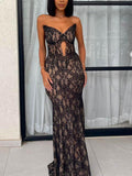 Merlia | Vestido de fiesta negro de sirena con escote en V, sin mangas y encaje
