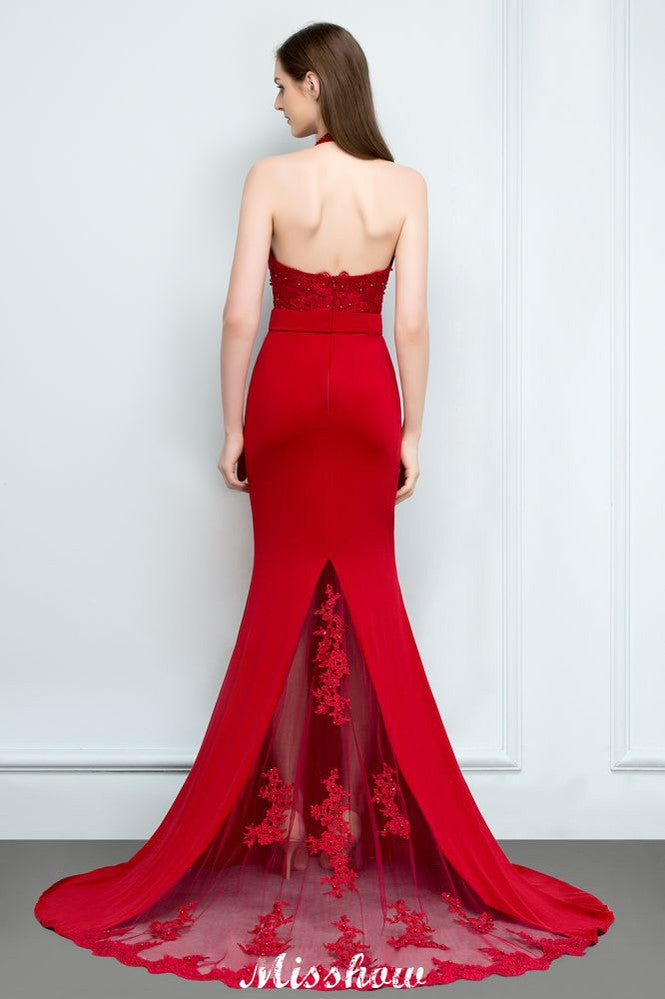 Vestido de dama de honor con cuello halter, sin mangas y encaje charmeuse de sirena, largo hasta el suelo, para fiesta