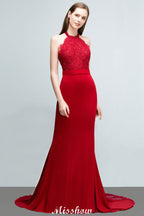 Vestido de dama de honor con cuello halter, sin mangas y encaje charmeuse de sirena, largo hasta el suelo, para fiesta