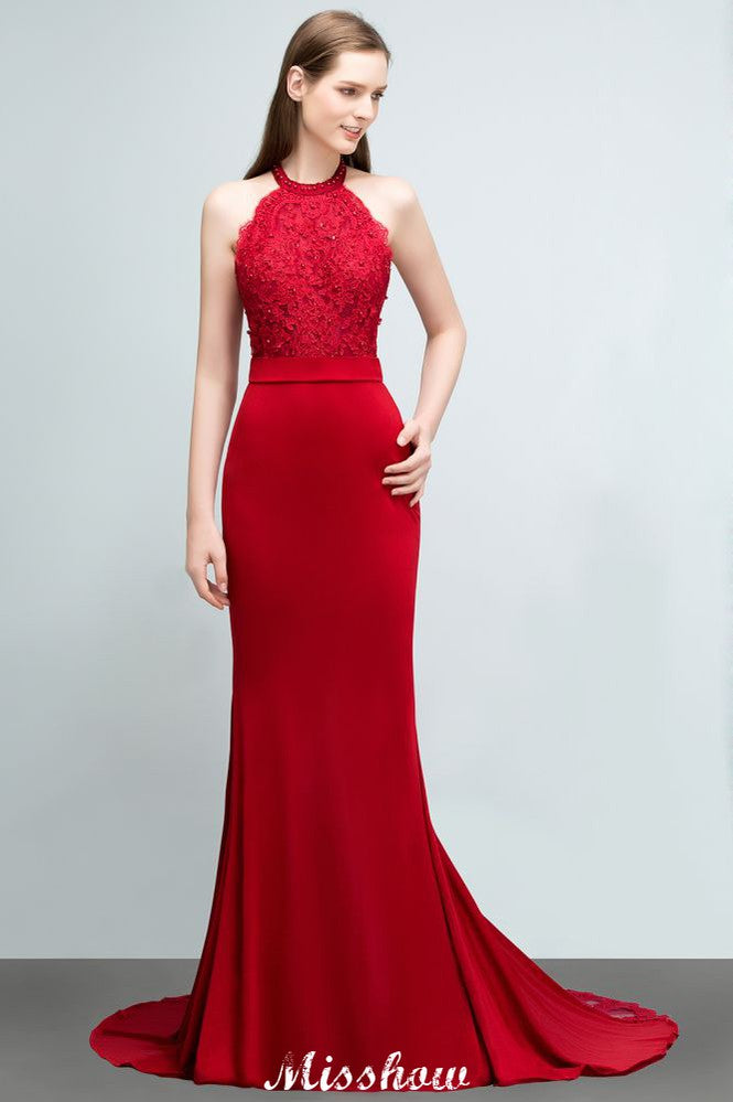 Vestido de dama de honor con cuello halter, sin mangas y encaje charmeuse de sirena, largo hasta el suelo, para fiesta