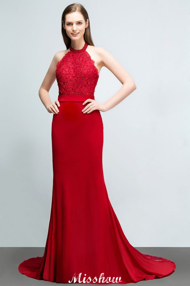 Vestido de dama de honor con cuello halter, sin mangas y encaje charmeuse de sirena, largo hasta el suelo, para fiesta