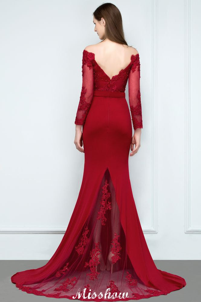Vestido de dama de honor de corte sirena charmeuse con hombros descubiertos, escote en V y largo hasta el suelo con apliques