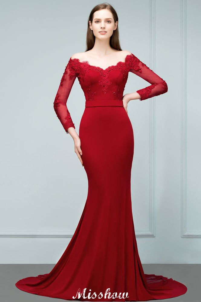 Vestido de dama de honor de corte sirena charmeuse con hombros descubiertos, escote en V y largo hasta el suelo con apliques