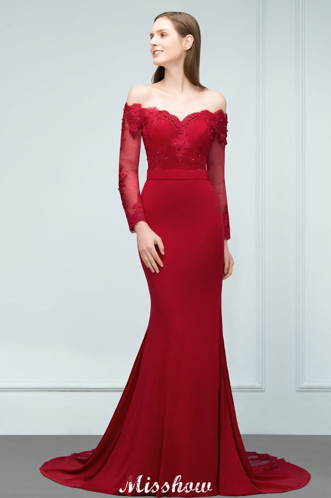 Vestido de dama de honor de corte sirena charmeuse con hombros descubiertos, escote en V y largo hasta el suelo con apliques