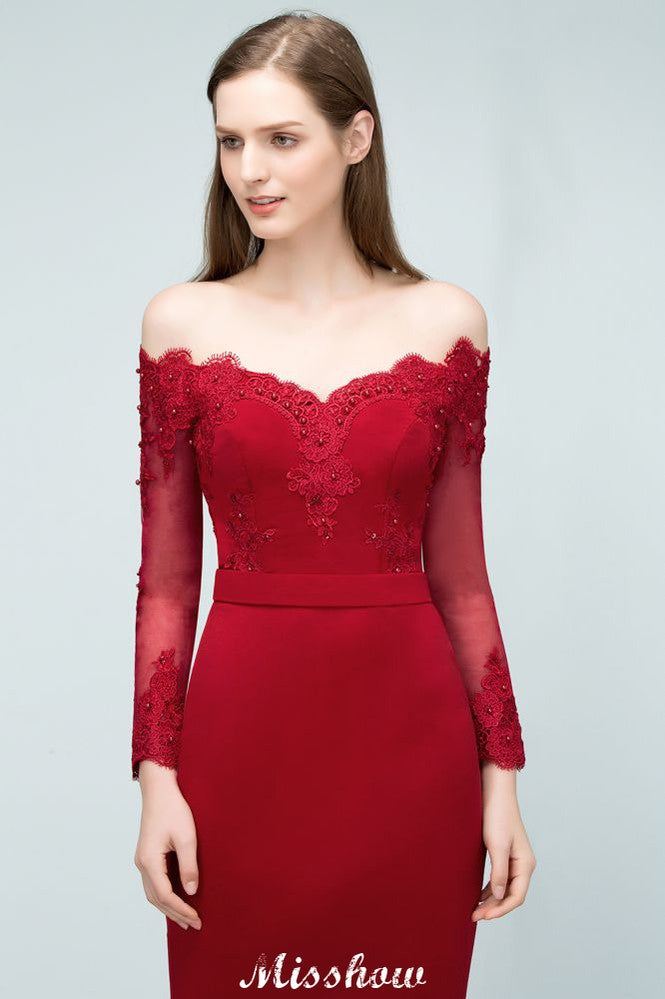 Vestido de dama de honor de corte sirena charmeuse con hombros descubiertos, escote en V y largo hasta el suelo con apliques