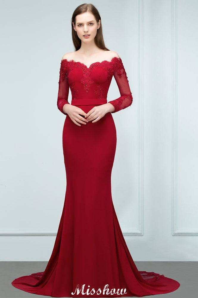 Vestido de dama de honor de corte sirena charmeuse con hombros descubiertos, escote en V y largo hasta el suelo con apliques