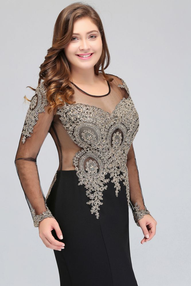Mermaid Crew Floor Length Plus size Long Sleeves Evening Dresses with Appliques