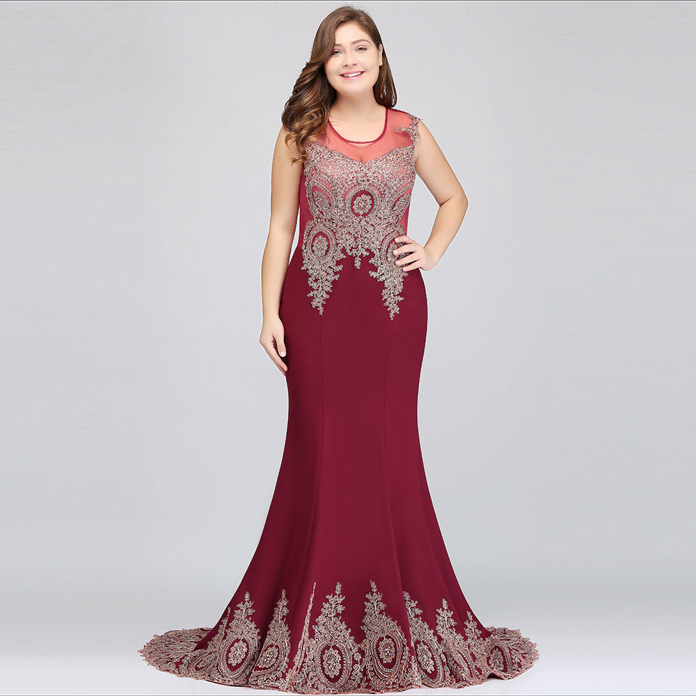 Vestidos de noche burdeos con apliques, sin mangas y corte sirena, hasta el suelo