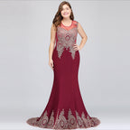 Vestidos de noche burdeos con apliques, sin mangas y corte sirena, hasta el suelo