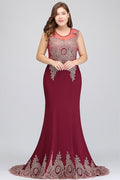 Vestidos de noche burdeos con apliques, sin mangas y corte sirena, hasta el suelo