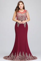 Vestidos de noche burdeos con apliques, sin mangas y corte sirena, hasta el suelo