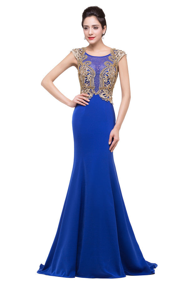 Mermaid Crew Sweep-length Blue Formal Dresses With Applique