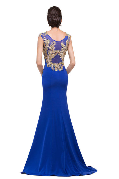 Mermaid Crew Sweep-length Blue Formal Dresses With Applique