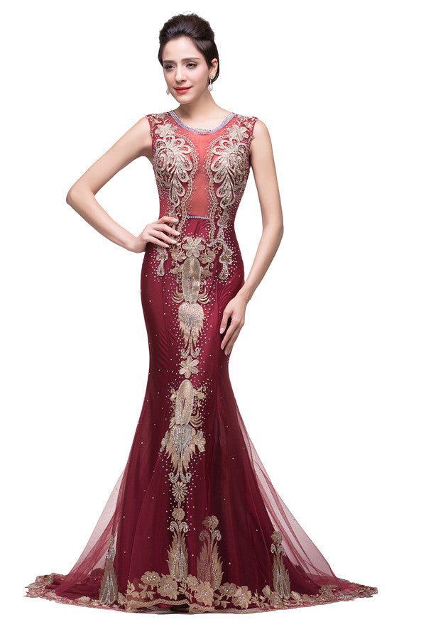 Mermaid Crew Sweep-length Tulle Burgundy Formal Dresses With Applique