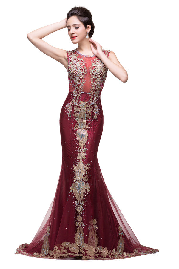 Mermaid Crew Sweep-length Tulle Burgundy Formal Dresses With Applique