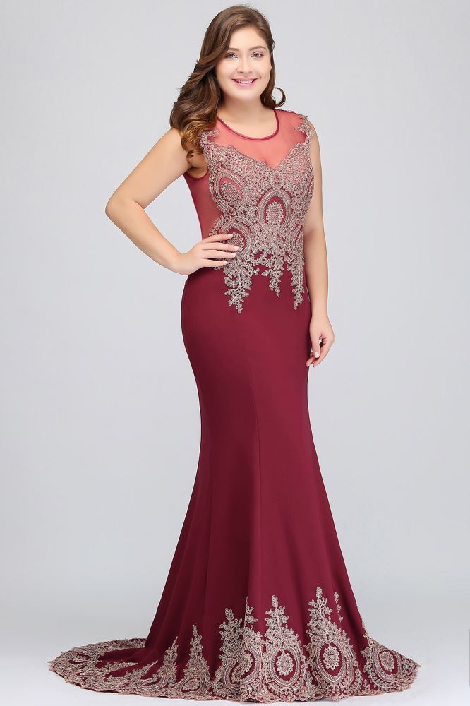 Mermaid Crew Sweep Train Sleeveless Appliques Burgundy Evening Dresses