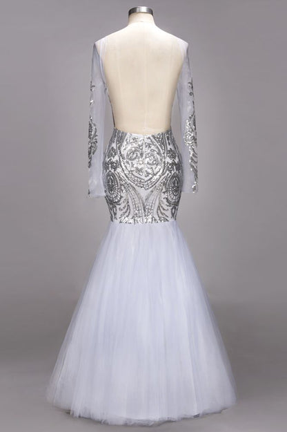 Mermaid Floor Length Long Sleeves Sequined Patterns Plus Size Tulle Prom Dresses