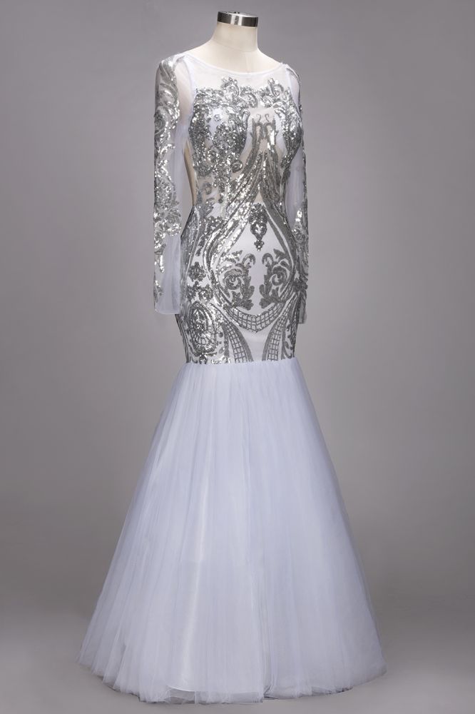 Mermaid Floor Length Long Sleeves Sequined Patterns Plus Size Tulle Prom Dresses