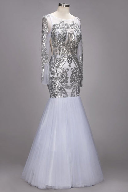 Mermaid Floor Length Long Sleeves Sequined Patterns Plus Size Tulle Prom Dresses