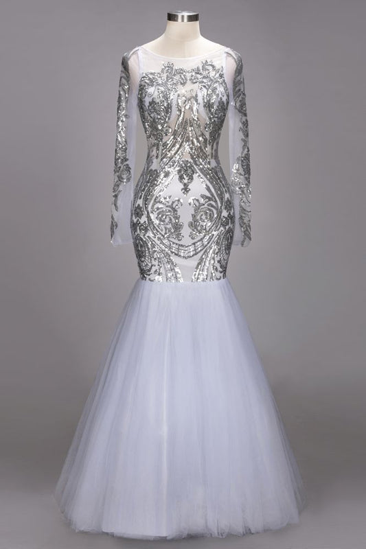 Mermaid Floor Length Long Sleeves Sequined Patterns Plus Size Tulle Prom Dresses