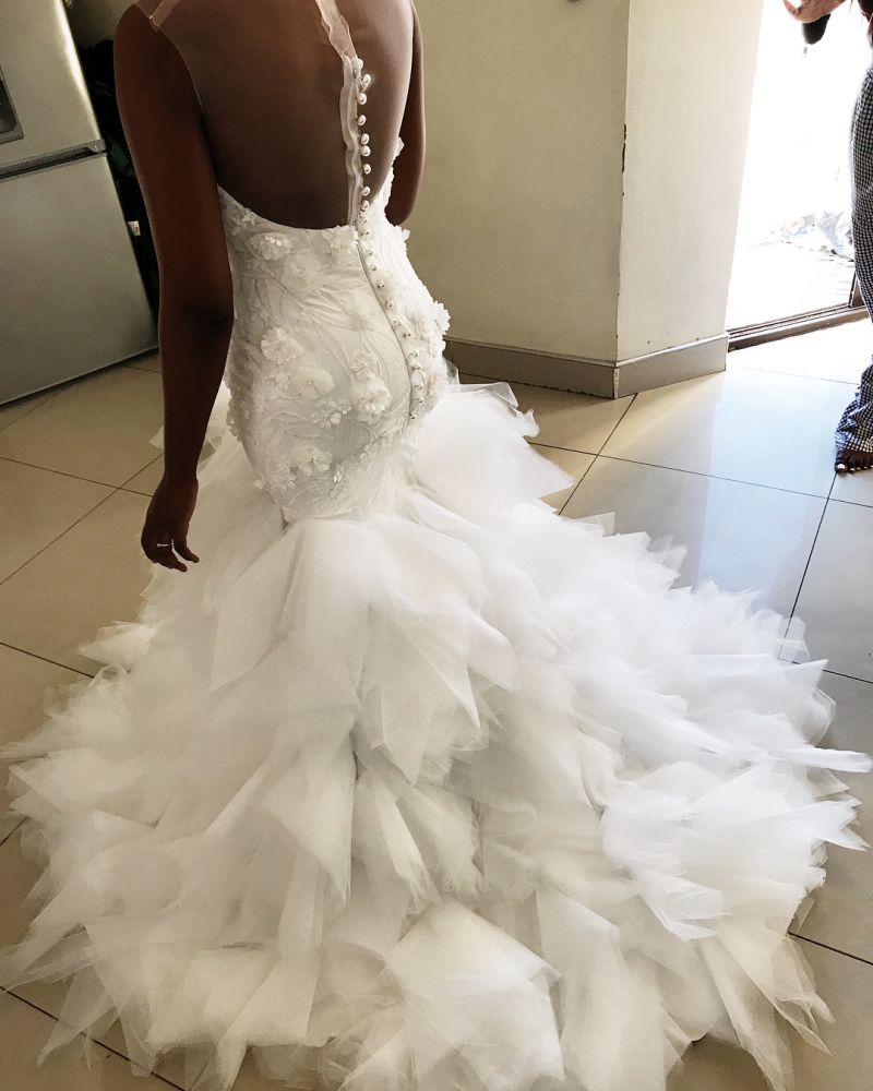 Meerjungfrau Blumenapplikationen Rüschenloses Brautkleid Transparenter Tüll Rückenfrei Ärmellos Brautmode