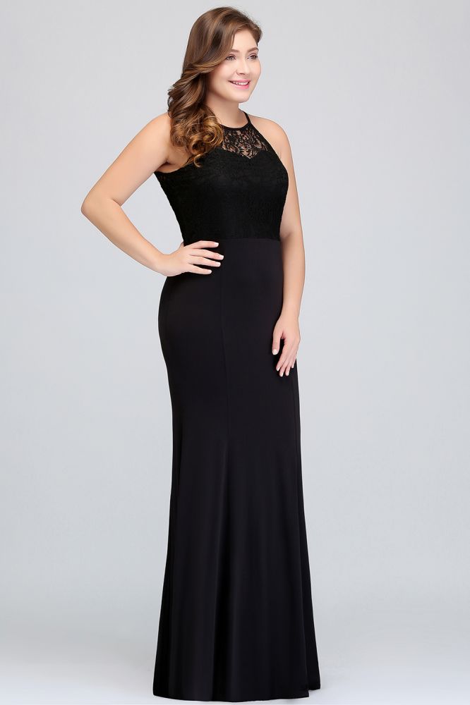 Meerjungfrau Neckholder Bodenlang Plus Size Schwarze Abendkleider mit Spitze