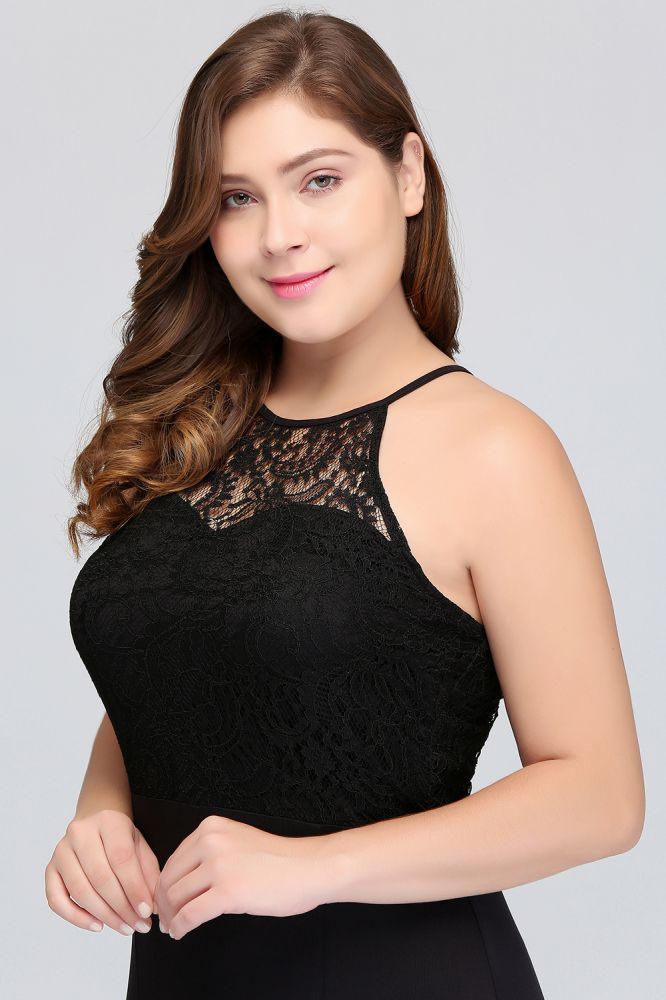 Meerjungfrau Neckholder Bodenlang Plus Size Schwarze Abendkleider mit Spitze