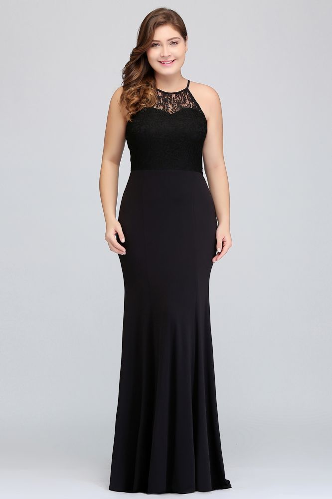 Meerjungfrau Neckholder Bodenlang Plus Size Schwarze Abendkleider mit Spitze