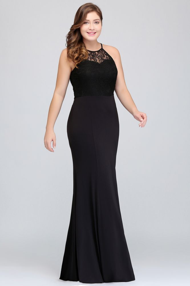 Meerjungfrau Neckholder Bodenlang Plus Size Schwarze Abendkleider mit Spitze