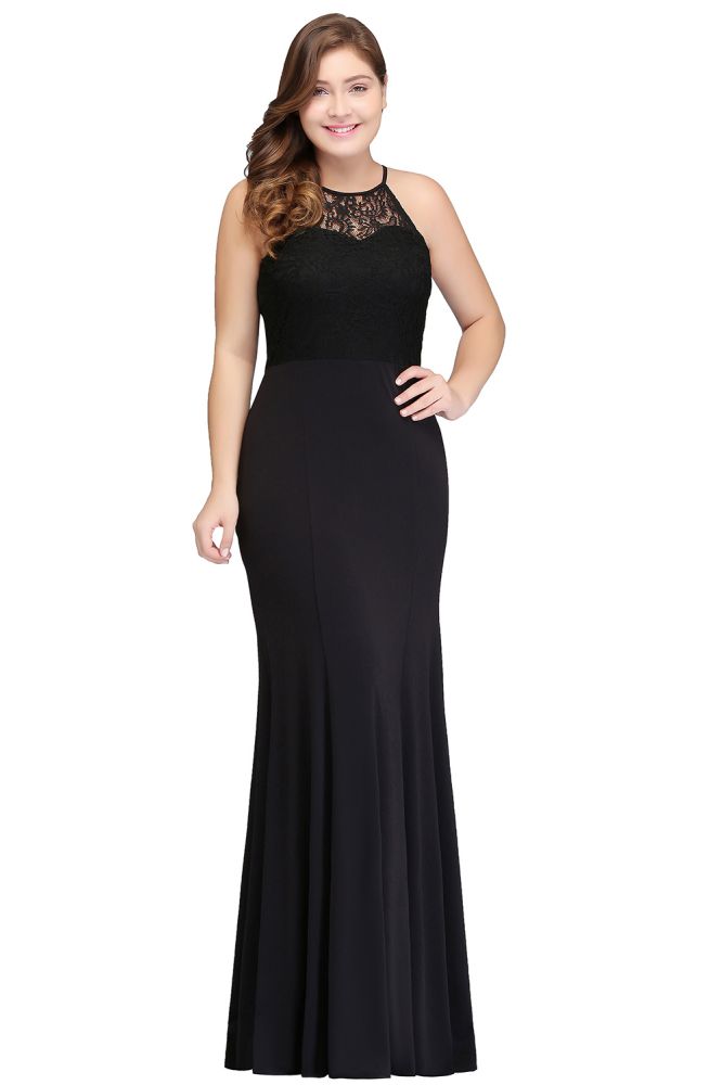 Meerjungfrau Neckholder Bodenlang Plus Size Schwarze Abendkleider mit Spitze