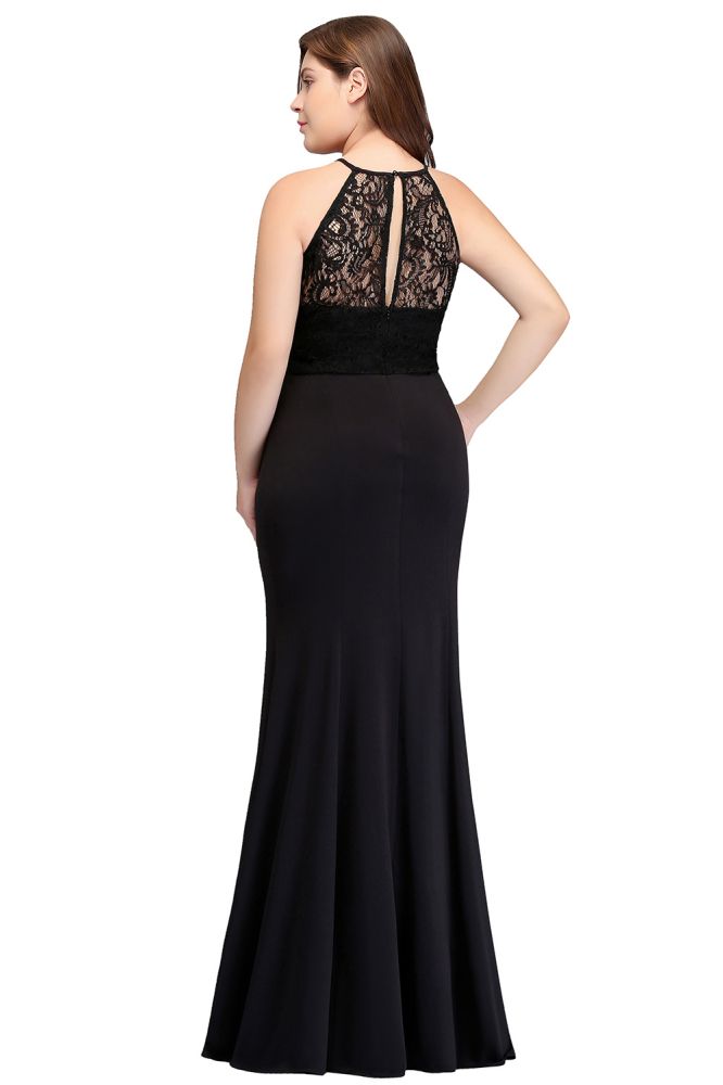 Meerjungfrau Neckholder Bodenlang Plus Size Schwarze Abendkleider mit Spitze