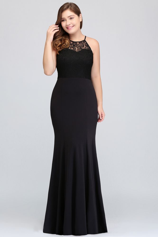 Meerjungfrau Neckholder Bodenlang Plus Size Schwarze Abendkleider mit Spitze