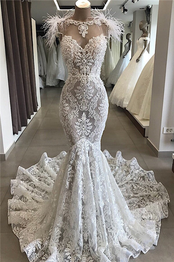 Mermaid Lace Crystals Necklace Wedding Dress Bridal Wears with Feather