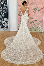 Vestidos formales de sirena con encaje y hombros descubiertos para novias sin espalda