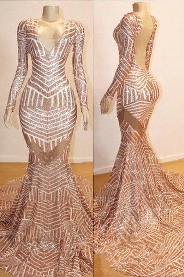 Mermaid Long Sleeves V-neck Sequined Sweep Train Prom Dresses