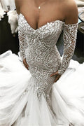 Vestido de novia de sirena, recién llegado, de manga larga, con hombros descubiertos y encaje.