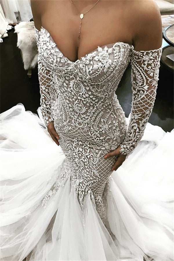 Vestido de novia de sirena, recién llegado, de manga larga, con hombros descubiertos y encaje.