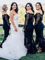 Vestido de dama de honor azul marino con hombros descubiertos y encaje, corte sirena, BD068