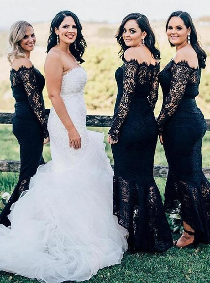 Vestido de dama de honor azul marino con hombros descubiertos y encaje, corte sirena, BD068