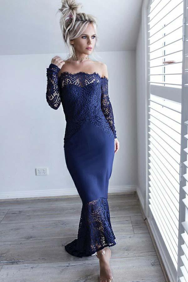Vestido de dama de honor azul marino con hombros descubiertos y encaje, corte sirena, BD068