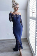 Vestido de dama de honor azul marino con hombros descubiertos y encaje, corte sirena, BD068