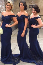 Vestido de dama de honor/graduación azul marino con cola larga y hombros descubiertos, corte sirena, PG406