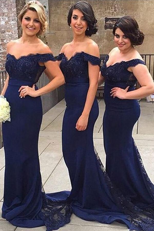 Vestido de dama de honor/graduación azul marino con cola larga y hombros descubiertos, corte sirena, PG406