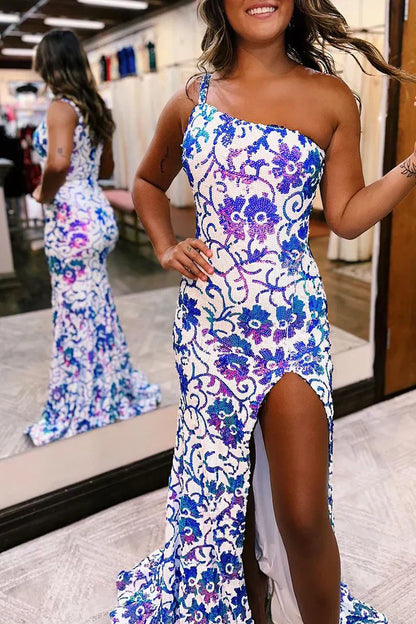 Meerjungfrau One-Shoulder Pailletten-Applikationen Lange Ballkleider mit Schlitz